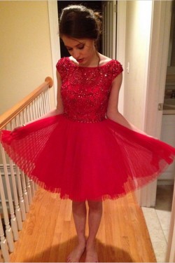 Short Red Beaded Homecoming Cocktail Prom Dresses 3020535