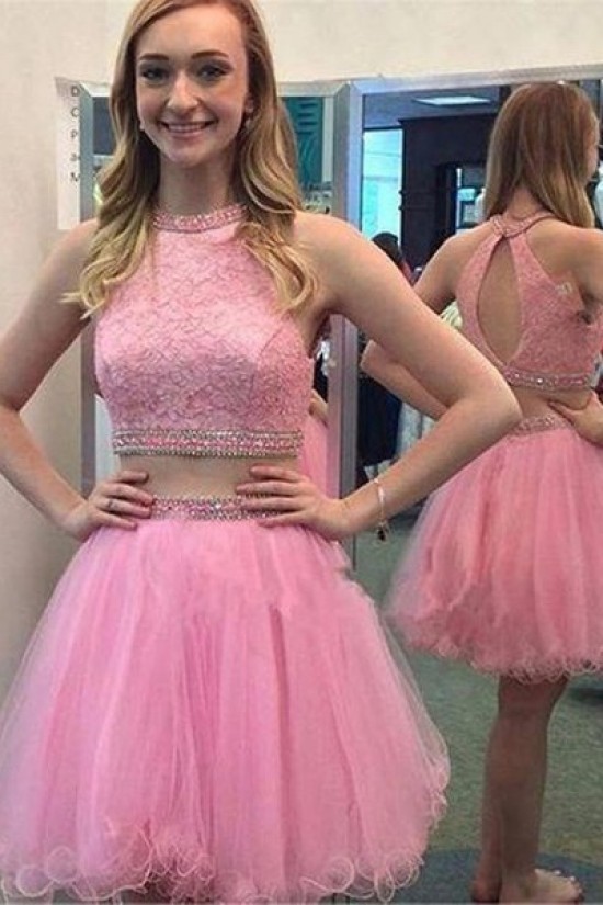 Short Pink Beaded Lace Homecoming Cocktail Prom Dresses 3020536