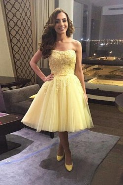 Short Yellow Lace Tulle Homecoming Cocktail Prom Dresses Party Evening Gowns 3020542