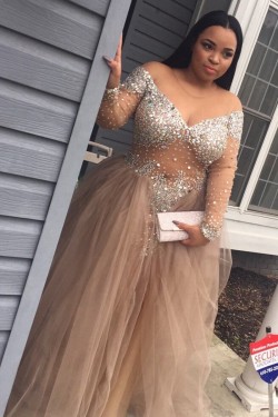 Long Sleeves V-Neck Beaded Plus Size Prom Dresses Party Evening Gowns 3020547