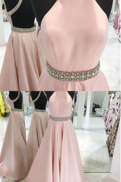 Long Pink Backless Beaded Halter Party Prom Evening Dresses 3020552