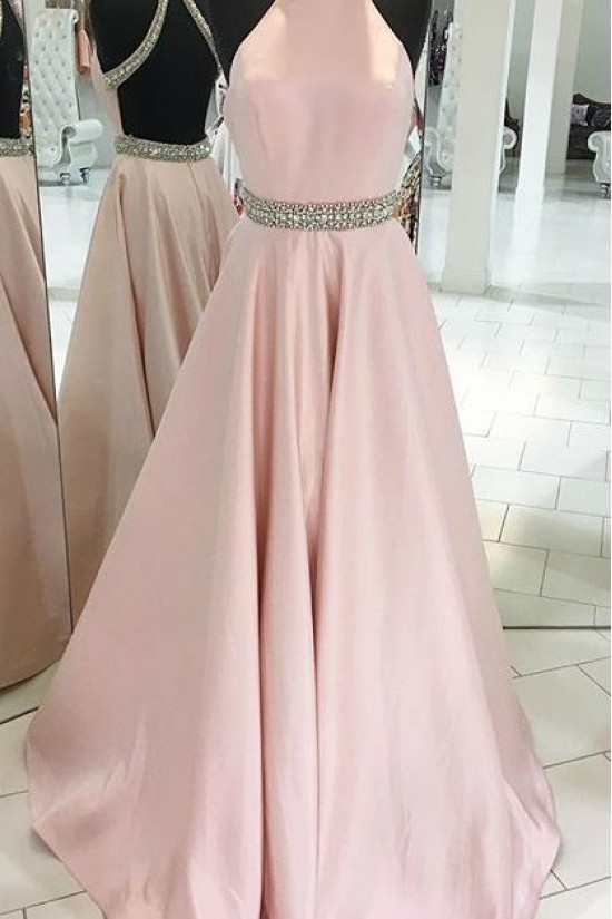 Long Pink Backless Beaded Halter Party Prom Evening Dresses 3020552