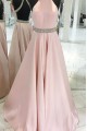 Long Pink Backless Beaded Halter Party Prom Evening Dresses 3020552