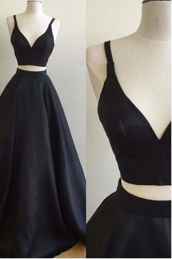 A-Line Two Pieces Simple Long Dark Navy Prom Dresses 3020554