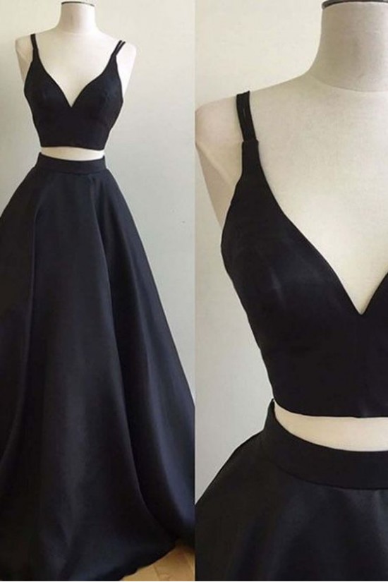 A-Line Two Pieces Simple Long Dark Navy Prom Dresses 3020554