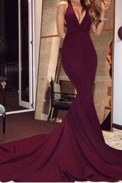 Mermaid Low V-Neck Burgundy Long Prom Dresses 3020555