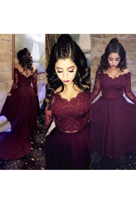 Assymetrical Two Pieces Lace Burgundy Long Evening Party Prom Dresses 3020556