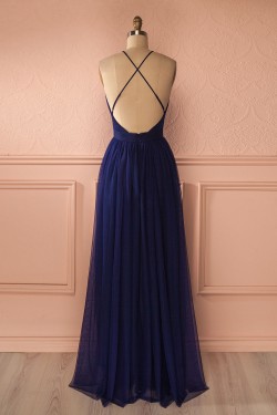 Sexy Long Blue Low V-Neck Simple Tulle Prom Party Dresses 3020562
