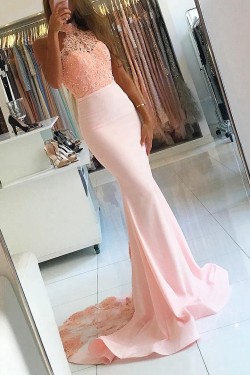 Elegant Mermaid Halter Lace Long Pink Prom Evening Dresses 3020563