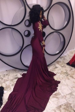 Sexy Mermaid Long Sleeves Prom Evening Dresses with Gold Lace Appliques 3020565