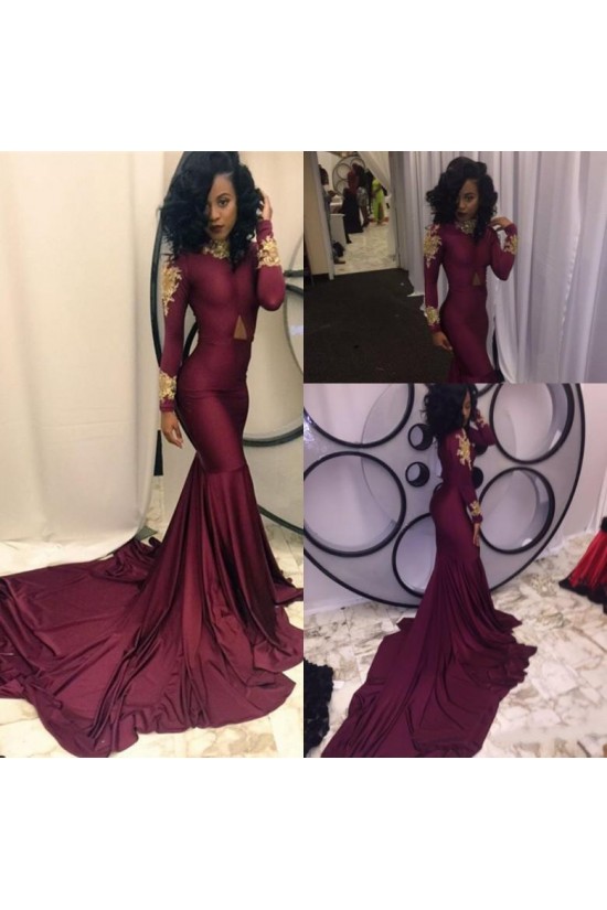 Sexy Mermaid Long Sleeves Prom Evening Dresses with Gold Lace Appliques 3020565 Sexy Mermaid Long Sleeves Prom Evening Dresses with Gold Lace Appliques 3020565