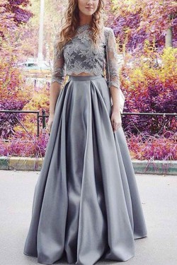 A-Line Two Pieces Lace Long Prom Evening Dresses 3020567