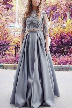 A-Line Two Pieces Lace Long Prom Evening Dresses 3020567