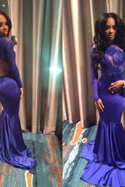 Long Blue Mermaid Lace Long Sleeves Prom Evening Dresses 3020570
