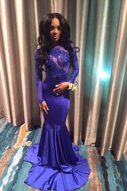 Long Blue Mermaid Lace Long Sleeves Prom Evening Dresses 3020570