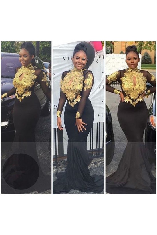 Mermaid High Neck Long Sleeves Prom Evening Dresses with Gold Appliques 3020571