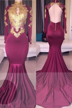 Mermaid High Neck Long Sleeves Prom Evening Dresses with Gold Appliques 3020571