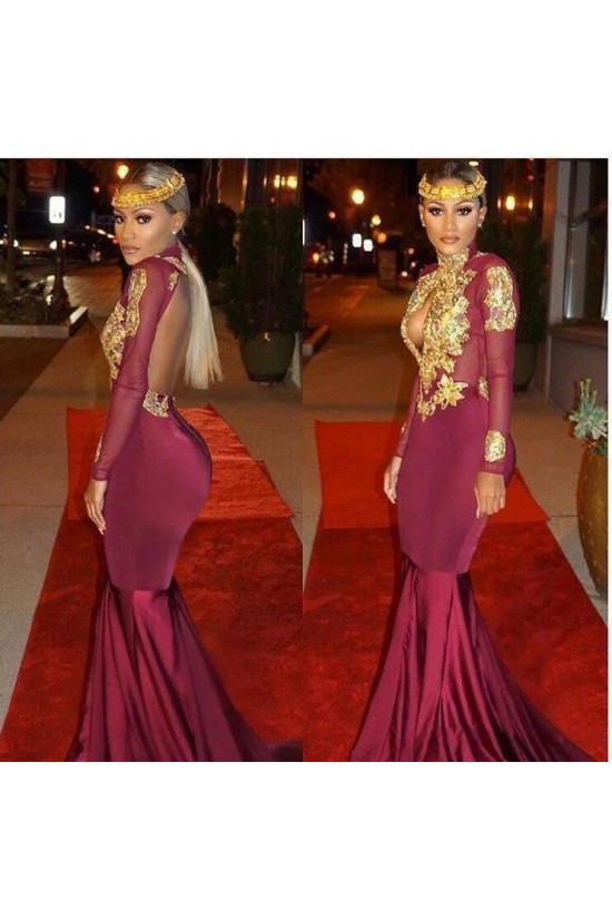 Mermaid High Neck Long Sleeves Prom Evening Dresses with Gold Appliques 3020572