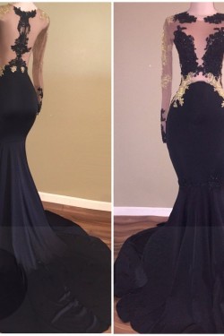 Mermaid Long Black High Neck Prom Evening Dresses with Gold Lace Appliques 3020573