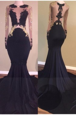 Mermaid Long Black High Neck Prom Evening Dresses with Gold Lace Appliques 3020573