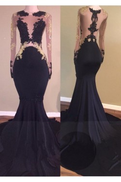 Mermaid Long Black High Neck Prom Evening Dresses with Gold Lace Appliques 3020573