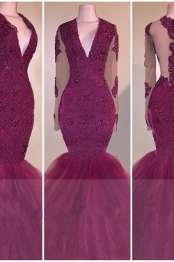 Mermaid Long Sleeves V-Neck Long Prom Evening Dresses 3020574