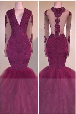 Mermaid Long Sleeves V-Neck Long Prom Evening Dresses 3020574