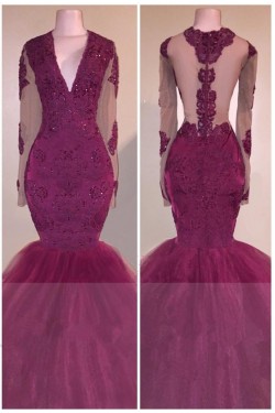 Mermaid Long Sleeves V-Neck Long Prom Evening Dresses 3020574