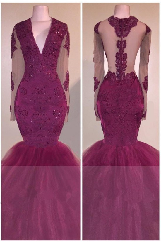 Mermaid Long Sleeves V-Neck Long Prom Evening Dresses 3020574