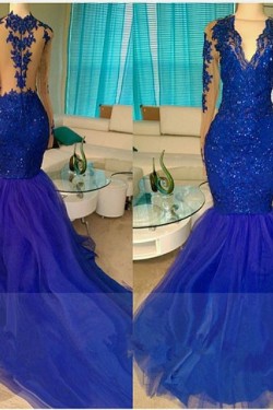 Long Blue V-Neck Mermaid Lace Prom Evening Dresses 3020576