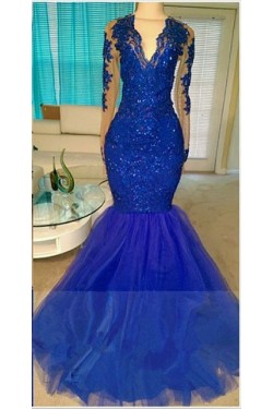 Long Blue V-Neck Mermaid Lace Prom Evening Dresses 3020576