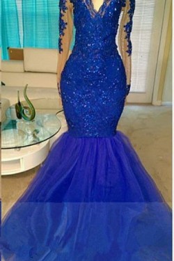 Long Blue V-Neck Mermaid Lace Prom Evening Dresses 3020576
