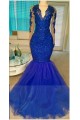 Long Blue V-Neck Mermaid Lace Prom Evening Dresses 3020576