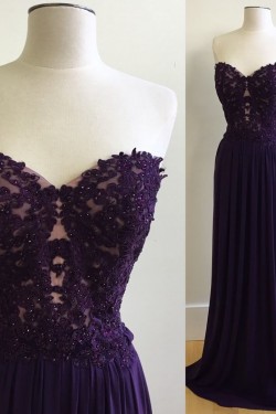Long Purple Chiffon Long Prom Evening Dresses with Lace Appliques 3020580