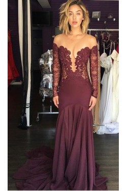 Sexy Lace Long Sleeves Illusion Neckline Long Prom Evening Dresses 3020582