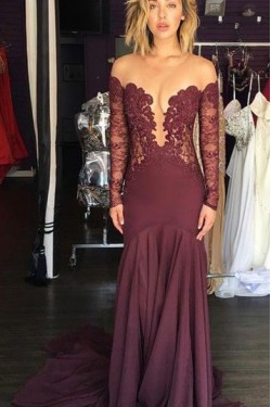 Sexy Lace Long Sleeves Illusion Neckline Long Prom Evening Dresses 3020582