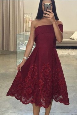 Tea Length Lace Burgundy Prom Evening Dresses 3020585