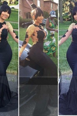 Sexy Mermaid Long Sleeves Prom Evening Dresses with Gold Lace Appliques 3020587