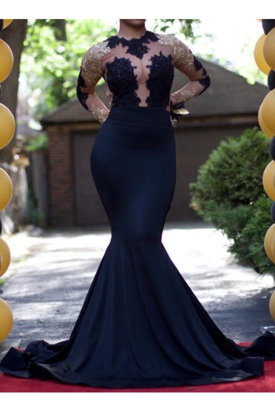 Sexy Mermaid Long Sleeves Prom Evening Dresses with Gold Lace Appliques 3020587