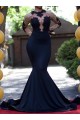 Sexy Mermaid Long Sleeves Prom Evening Dresses with Gold Lace Appliques 3020587