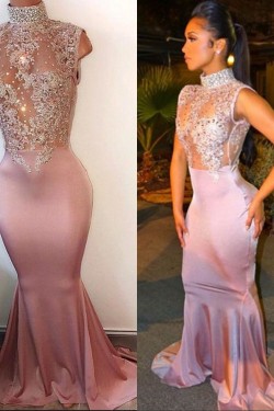 Mermaid High Neck Long Prom Evening Dresses with Lace Appliques 3020589