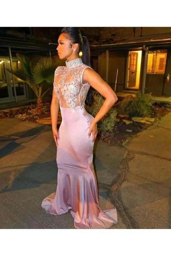 Mermaid High Neck Long Prom Evening Dresses with Lace Appliques 3020589
