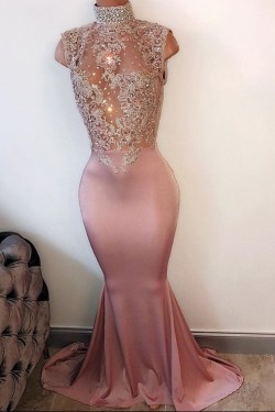 Mermaid High Neck Long Prom Evening Dresses with Lace Appliques 3020589