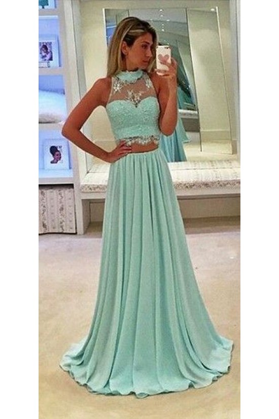Mint Green Two Pieces Lace Chiffon Prom Evening Dresses 3020592