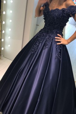 Elegant Long Blue Off-the-Shoulder Beaded Lace Prom Evening Dresses 3020600