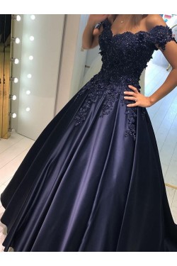 Elegant Long Blue Off-the-Shoulder Beaded Lace Prom Evening Dresses 3020600
