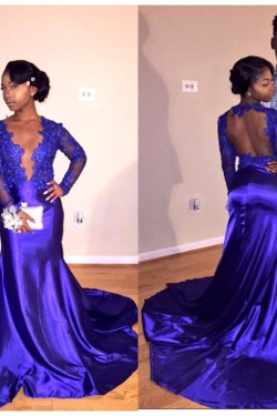 Sexy Long Blue Lace Mermaid Prom Evening Party Dresses 3020601