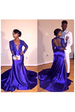 Sexy Long Blue Lace Mermaid Prom Evening Party Dresses 3020601