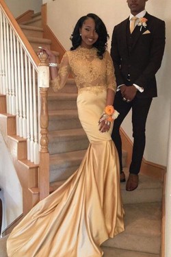 Mermaid Gold Lace Long Prom Evening Dresses 3020602