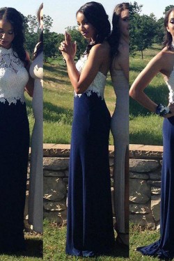 Elegant Halter Long Blue White Lace Prom Evening Dresses 3020604